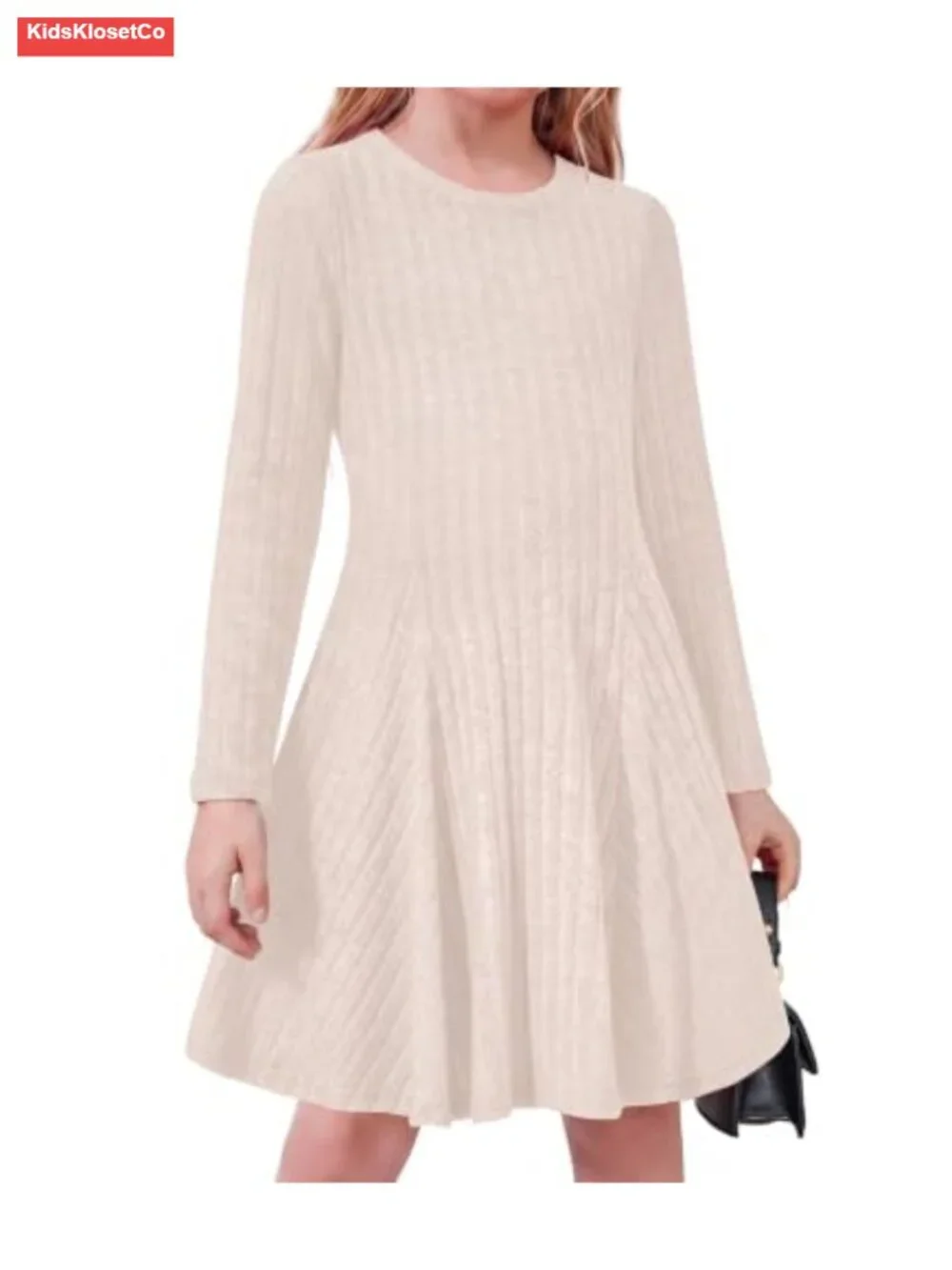 Girls Sweater Dress Ribbed Knit Long Sleeve Casual A-Line Fall Winter